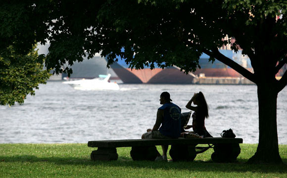 A couple enjoys the view from Fort McHenry
